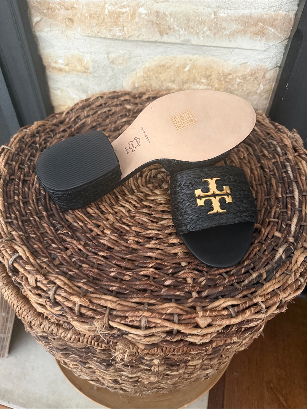 Tory Burch Black Sandals Straw Slides HEELED sz 10 - Picture 5 of 7